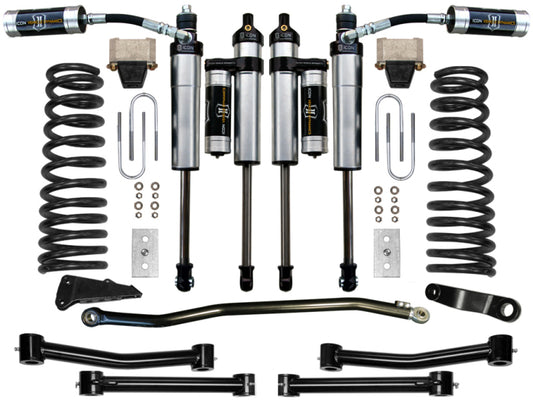 The ICON 09-12 Ram 2500/3500 4.5in Stage 4 Suspension System by ICON includes ICON 2.5" Series shocks, coil springs, and mounting hardware. All components are meticulously organized to offer a comprehensive set for easy installation.