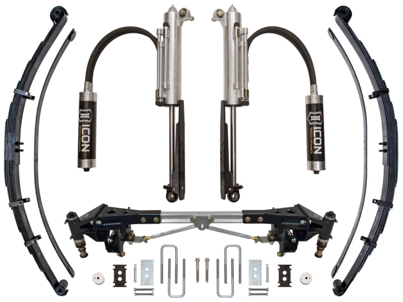 The ICON 10-14 Ford Raptor RXT System from ICON, featuring two large shock absorbers, coil springs, and various mounting components including a Rear Bypass Shock and Dual Hose Recirculating Reservoir, is displayed on a white background.