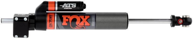 A steering stabilizer shock absorber designed for the 2017-2019 Ford F250/F350 4WD, featuring a gray and black aluminum body with the distinctive orange "FOX" branding. It utilizes internal bypass technology and boasts labels such as "ATS Stabilizer" and "Factory," complemented by a rod and mounting components at both ends.