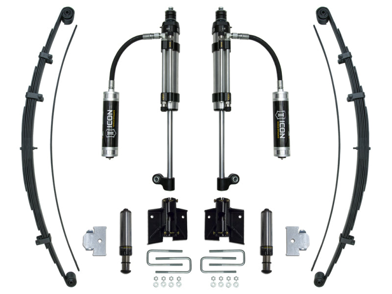 The ICON 2005+ Toyota Tacoma RXT Stage 3 System by ICON includes suspension parts that are ideal for the 2005 and newer models of the Toyota Tacoma. This setup features rear shock options with dual shock absorbers and remote reservoirs, along with leaf springs, mounting brackets, and assorted hardware displayed on a white background as part of the RXT Rear Suspension System.