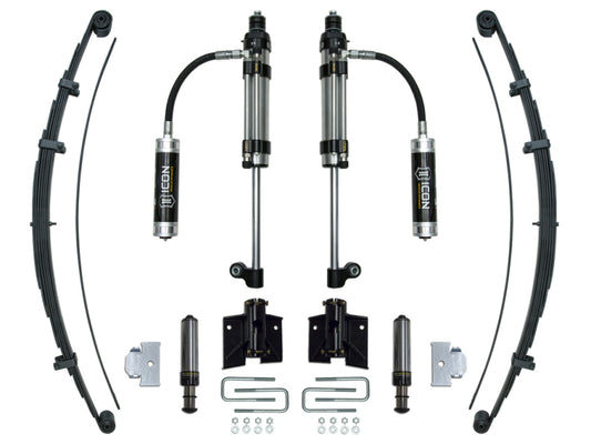 The ICON 2005+ Toyota Tacoma RXT Stage 3 System by ICON includes suspension parts that are ideal for the 2005 and newer models of the Toyota Tacoma. This setup features rear shock options with dual shock absorbers and remote reservoirs, along with leaf springs, mounting brackets, and assorted hardware displayed on a white background as part of the RXT Rear Suspension System.