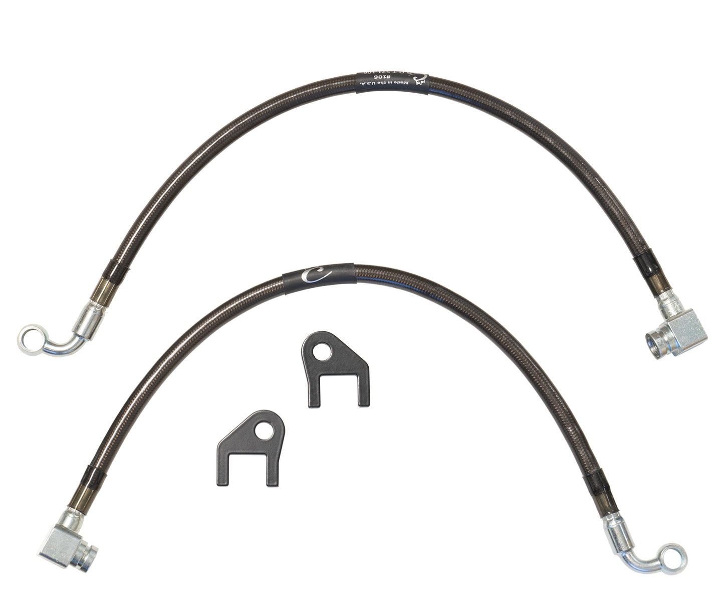 The 19-23 Ram 1500 (4WD - Coil/Coil) Front Extended Brake Line Kit by Carli Suspension includes two flexible braided brake lines equipped with metal connectors on each end, paired with two small black metal brackets. The brake lines are displayed in a semicircular arrangement, while the brackets are positioned side by side below them against a white background.