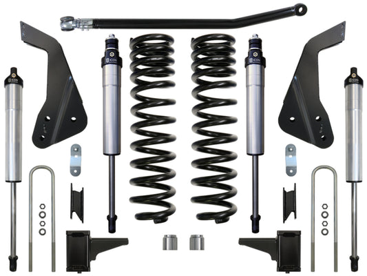 Image depicting the ICON 08-10 Ford F-250/F-350 4.5in Stage 2 Suspension System, which includes components such as ICON 2.5 Series shocks, dual rate front coil springs, mounting brackets, and U-bolts laid out on a white background. The parts feature metallic finishes in black and silver tones.