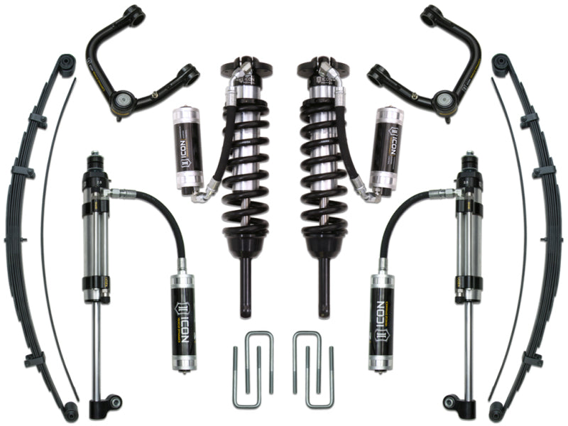 The ICON 05-15 Toyota Tacoma 0-3.5in/16-17 Toyota Tacoma 0-2.75in Stg 10 Suspension System with Tubular UCA is showcased on a white background, featuring coil springs, shocks, leaf springs, and upper control arms. Many components display "ICON" branding and are designed with excellent corrosion resistance.