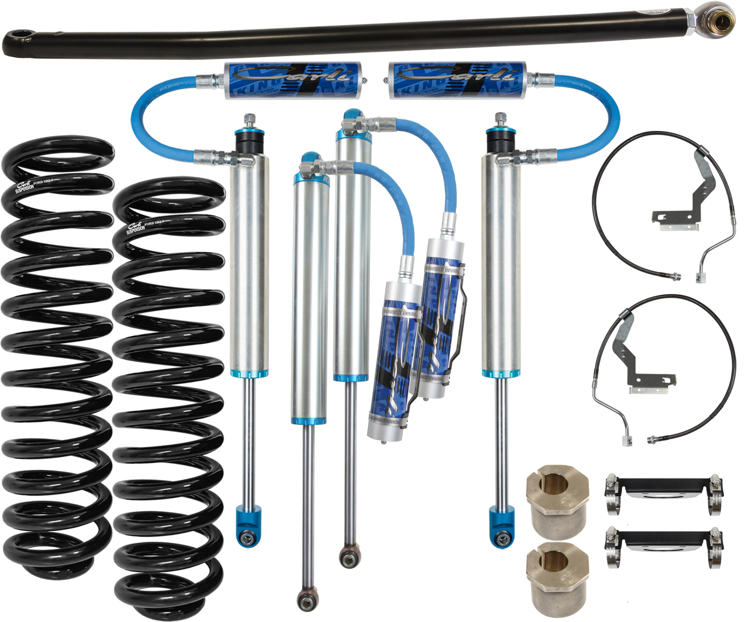 Enhance your vehicle's off-road capabilities with the **Carli Suspension 11-16 Ford F-250/F-350 (4WD) GAS 2.0" Lift Pintop System**, which includes two large black coil springs, four shock absorbers with blue reservoirs, and robust metal brackets and mounting hardware.