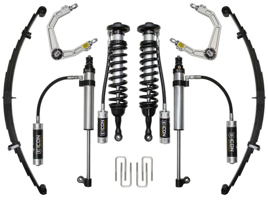 A neatly organized set of vehicle suspension components, featuring corrosion resistance, includes two coilover shocks, two leaf springs, and billet aluminum upper control arms. These parts are part of the "ICON 2007+ Toyota Tundra 1-3in Stage 8 Suspension System w/Billet Uca," branded as "ICON" in a sleek black and silver design, and include Delta Joint mounting brackets.