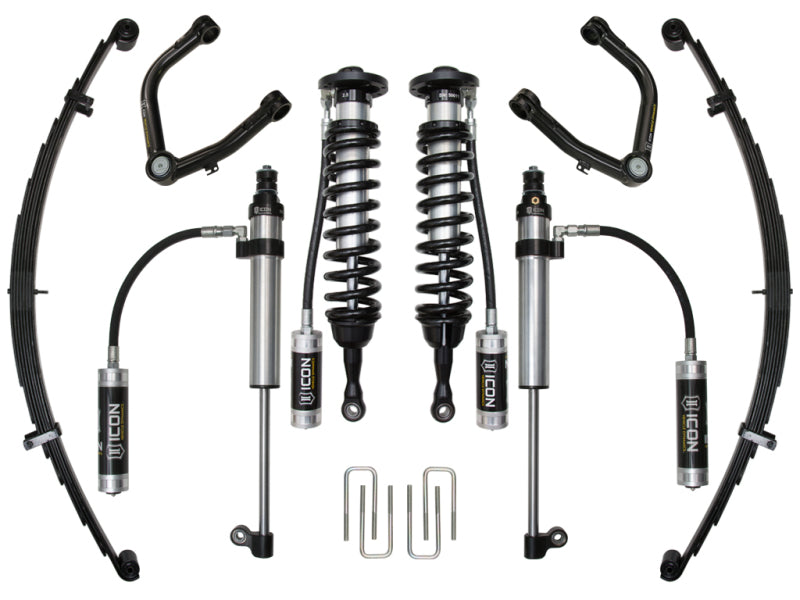 The ICON 2007+ Toyota Tundra 1-3in Stage 8 Suspension System w/Tubular UCA includes billet aluminum upper control arms with Delta Joint technology, two coil-over shocks, two leaf springs, two remote reservoir shocks, and U-bolts. The black and silver components are branded with "ICON" for exceptional style and corrosion resistance.