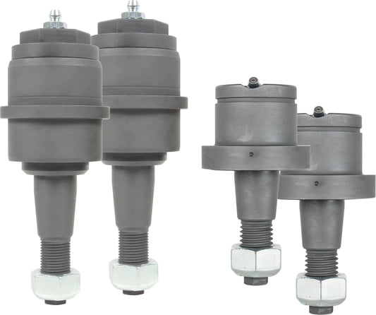 Two pairs of industrial machine components featuring cylindrical shapes, threaded bolts, and hexagonal nuts that resemble the 03-13 Dodge RAM 2500/3500 (4WD) Extreme Duty Ball Joint Kit by Carli Suspension. The parts are gray with a smooth finish in various sizes and set against a white background, ideal for Ram 2500/3500 vehicles.