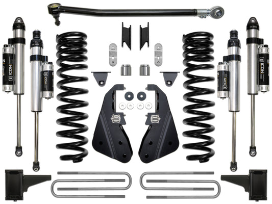 The ICON 2017+ Ford F-250/F-350 4.5in Stage 3 Suspension System from ICON features coil springs, shock absorbers, U-bolts, brackets, and mounting hardware for the Ford F250/350 Super Duty, all symmetrically arranged on a white background.