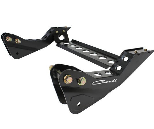 These black, metal radius arm drop brackets and crossmember kit from Carli Suspension are tailored for a 4.5" lift on the 05-16 Ford F-250/F-350 (4WD). Adorned with the word "Carli" printed in white, they feature multiple holes and bolts for secure attachment and boast a robust design perfect for automotive or mechanical applications.