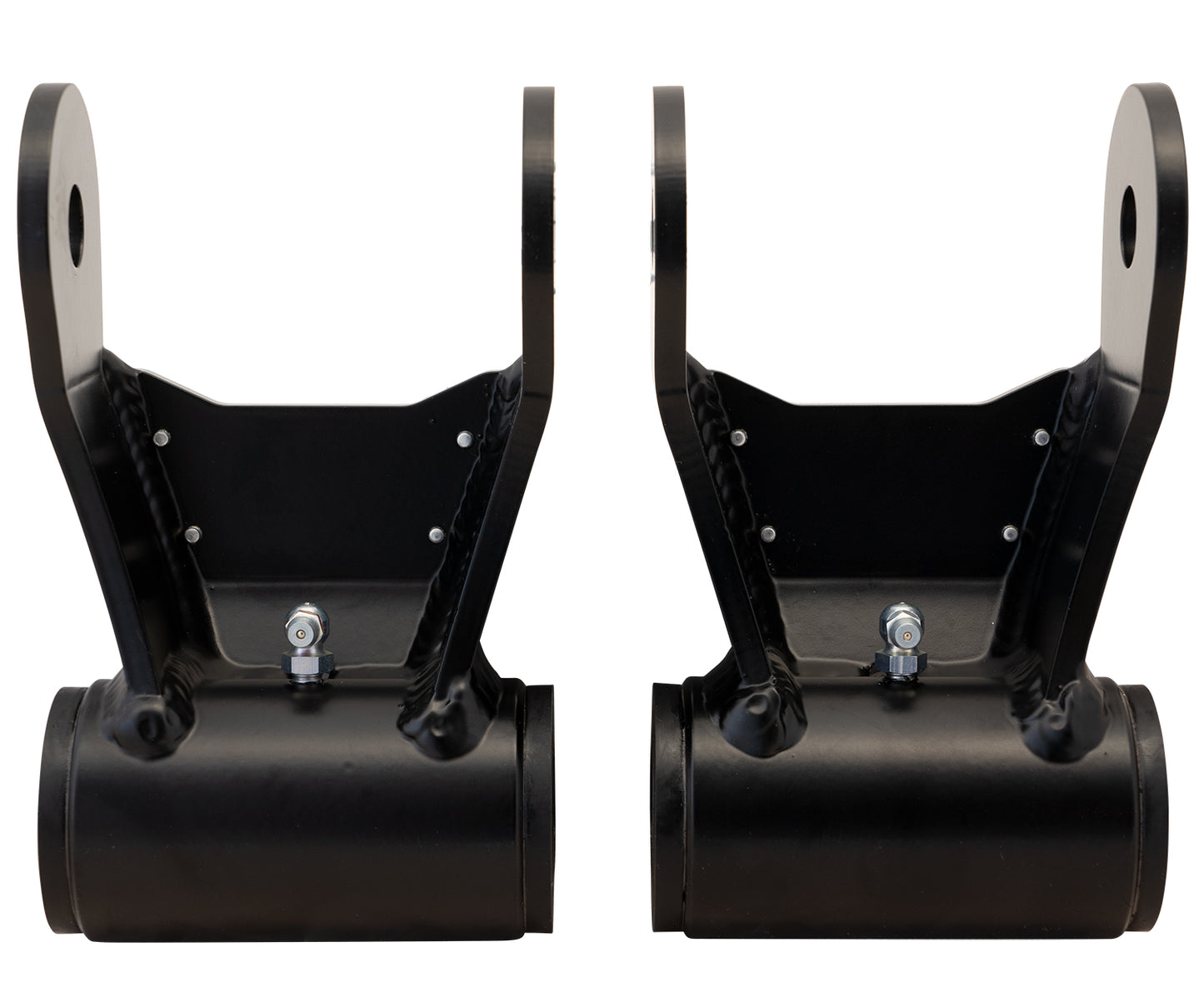 Two 13-22 Ram 3500 (4WD) FABRICATED LEAF SPRING SHACKLES in black metal, designed by Carli Suspension, are displayed with cylindrical bases and vertical arms featuring circular holes on top. Each shackle is equipped with a front-facing bolt and nut. These identically designed items are positioned side by side against a plain white background.