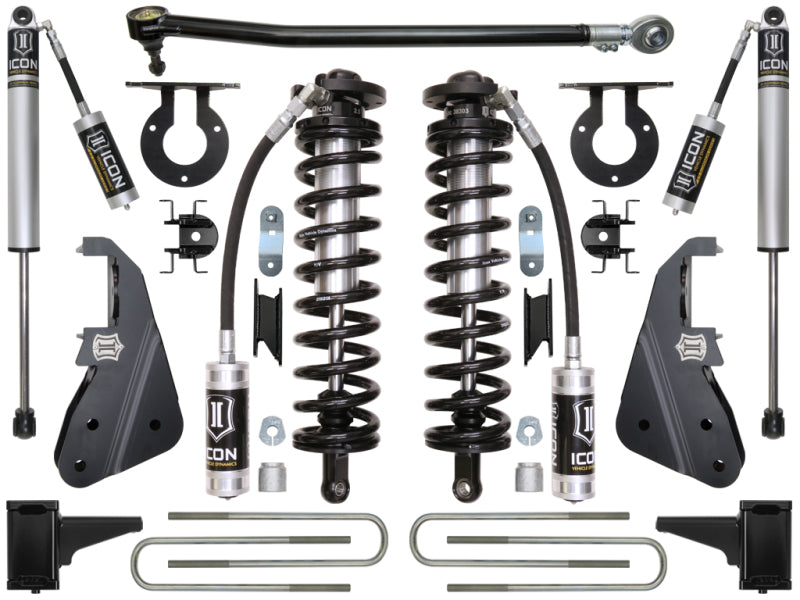 Picture of the ICON 2017+ Ford F-250/F-350 4-5.5in Stage 1 Coilover Conversion System, showcasing coil springs, shock absorbers, brackets, and assorted mounting hardware components. The parts are symmetrically organized against a white backdrop, reflecting the meticulous design of ICON's Ford Super Duty Suspension Systems.