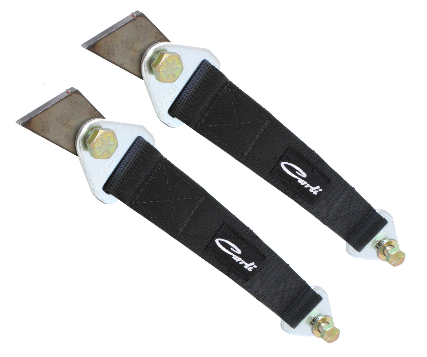 Two black nylon strap cutters from Carli Suspension, featuring metal blades and handles with bolt attachments, have the word "Carli" on the fabric. Positioned parallel to each other with metal blades facing upward, they are ideal for your 03-12 Dodge Ram 2500 or 03-13 Ram 3500 (4WD) Limit Strap Kit needs.