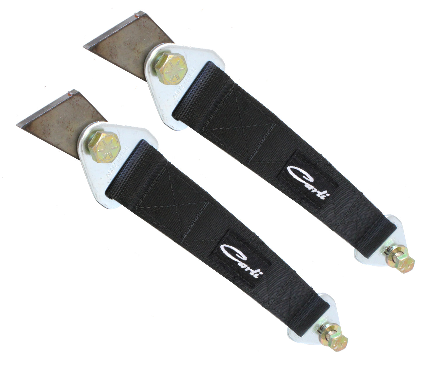 Two black nylon strap cutters from Carli Suspension, featuring metal blades and handles with bolt attachments, have the word "Carli" on the fabric. Positioned parallel to each other with metal blades facing upward, they are ideal for your 03-12 Dodge Ram 2500 or 03-13 Ram 3500 (4WD) Limit Strap Kit needs.