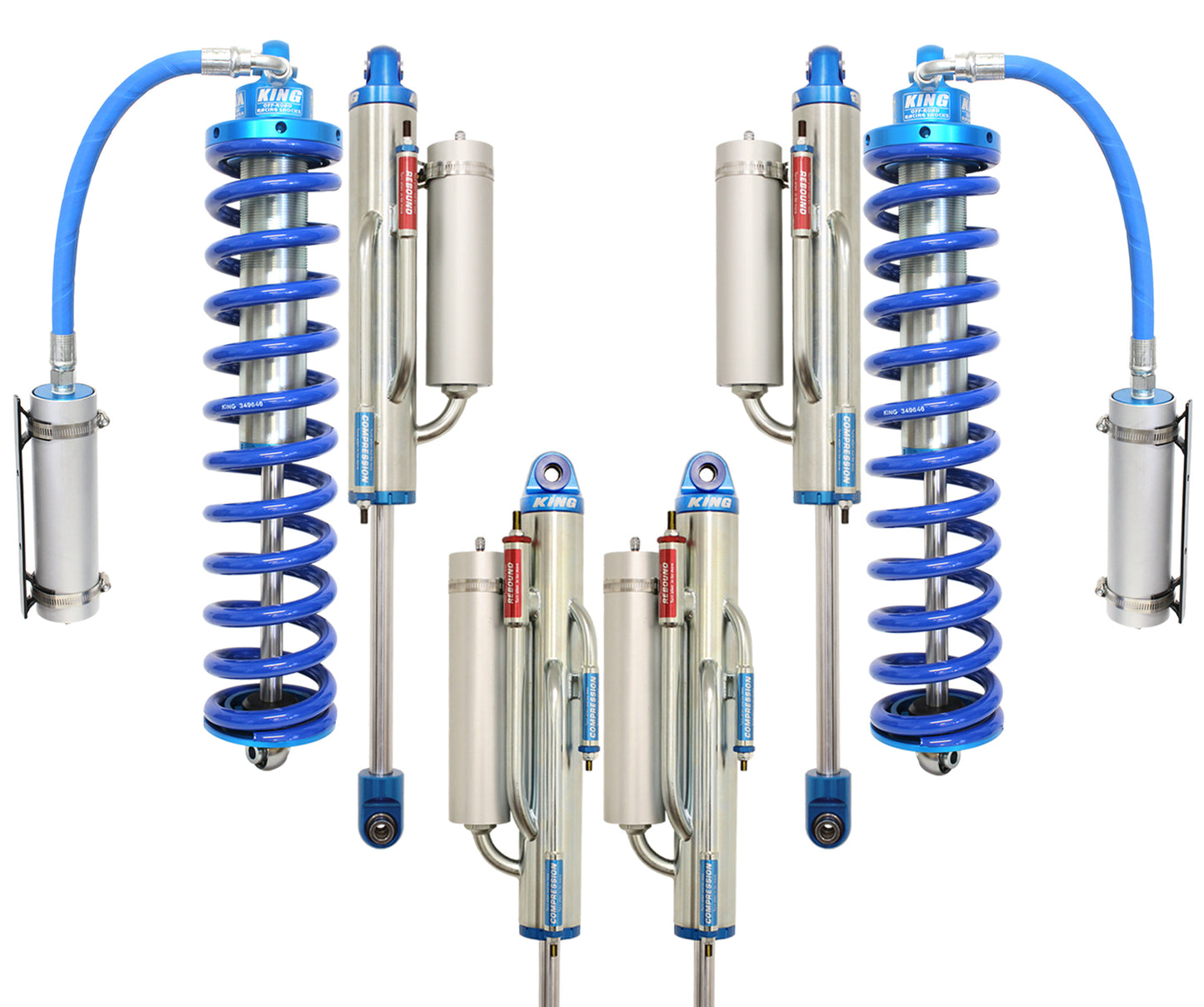 Image of the Carli Suspension King 2.5" BP Coilover shocks in blue and silver, featuring coil springs and remote reservoirs symmetrically arranged, illustrating their intricate design tailored for high-performance suspension systems on 2005-2016 Ford F-250/F-350 (4WD) trucks with a 4.5" lift.