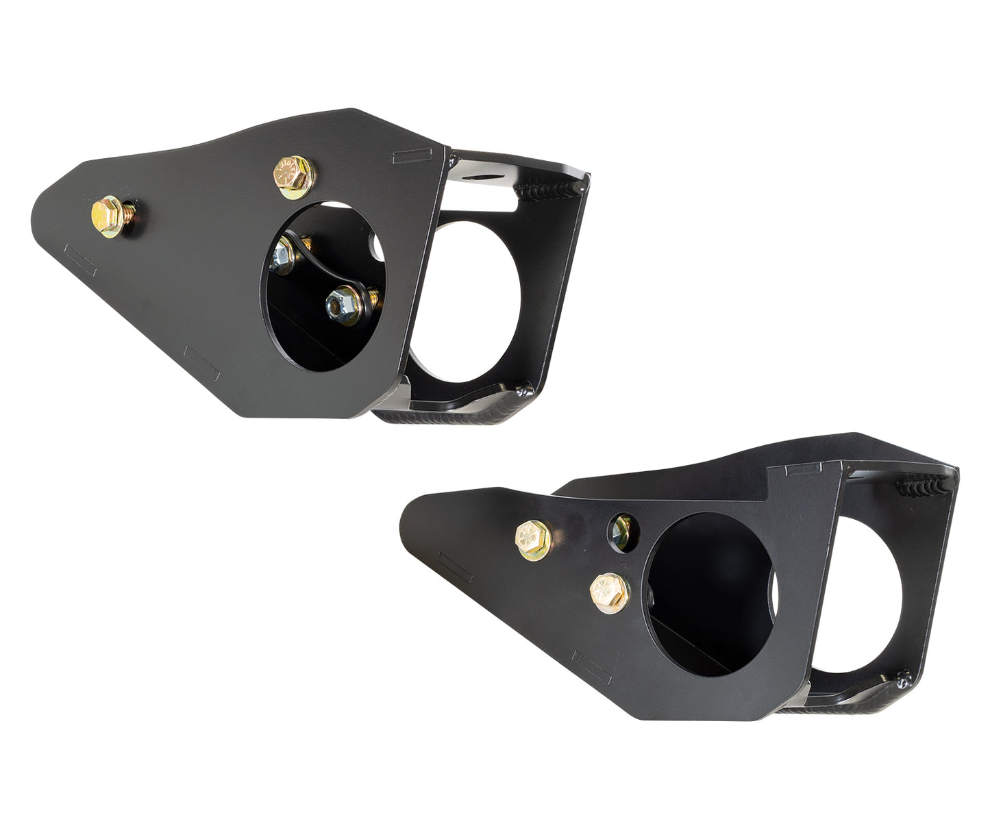 The 21-23 Ford Bronco (4WD) Rear Lower Control Arm Mount Skid by Carli Suspension features a pair of black metal brackets with circular openings and bolt attachments, designed to enhance the durability of your vehicle’s rear lower control arm as they angle upward.