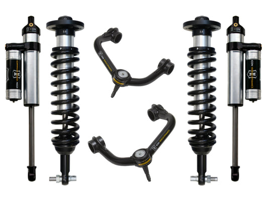 The ICON 2014 Ford F-150 2WD 0-2.63in Stage 3 Suspension System with Tubular Upper Control Arms is displayed against a white background, featuring four coilover shock absorbers with springs and corrosion-resistant upper control arms equipped with Delta Joints. The metal components prominently display the ICON branding, emphasizing enhanced durability and precision handling.