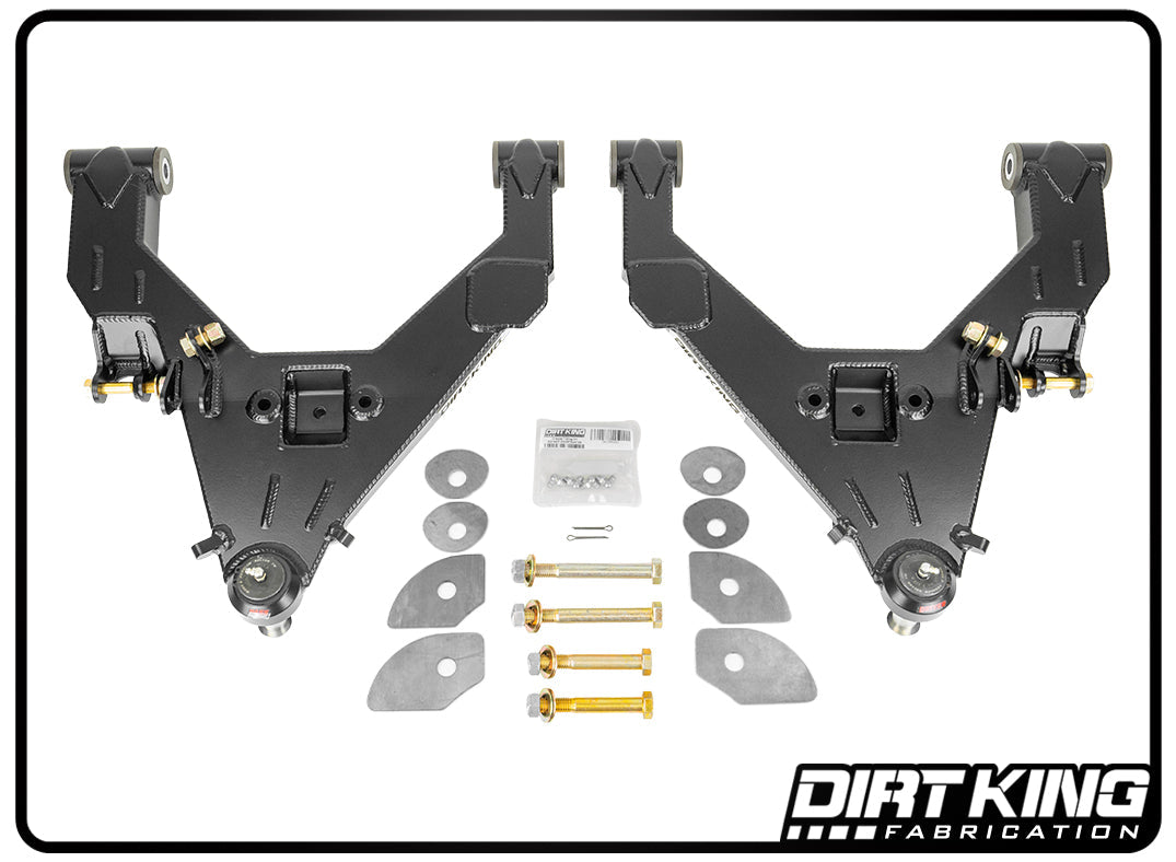 A pair of off-road lower control arms featuring Moog ball joints, complete with hardware like bolts, washers, and nuts, set against a white background. The "DIRT KING" brand logo is prominently displayed in the bottom right corner.