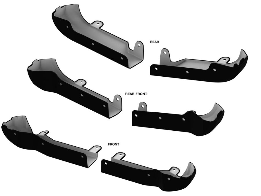 Illustration of five black and gray metal brackets from the 2020-2024 GMC 2500HD/3500HD Mud Flap Delete Kit by LTW Motorsports, labeled "REAR," "REAR-FRONT," and "FRONT." These brackets are designed for a custom fit install and are ideal for GMC Sierra mud flaps. Featuring different shapes and mounting holes, they are positioned at various angles against a plain background.