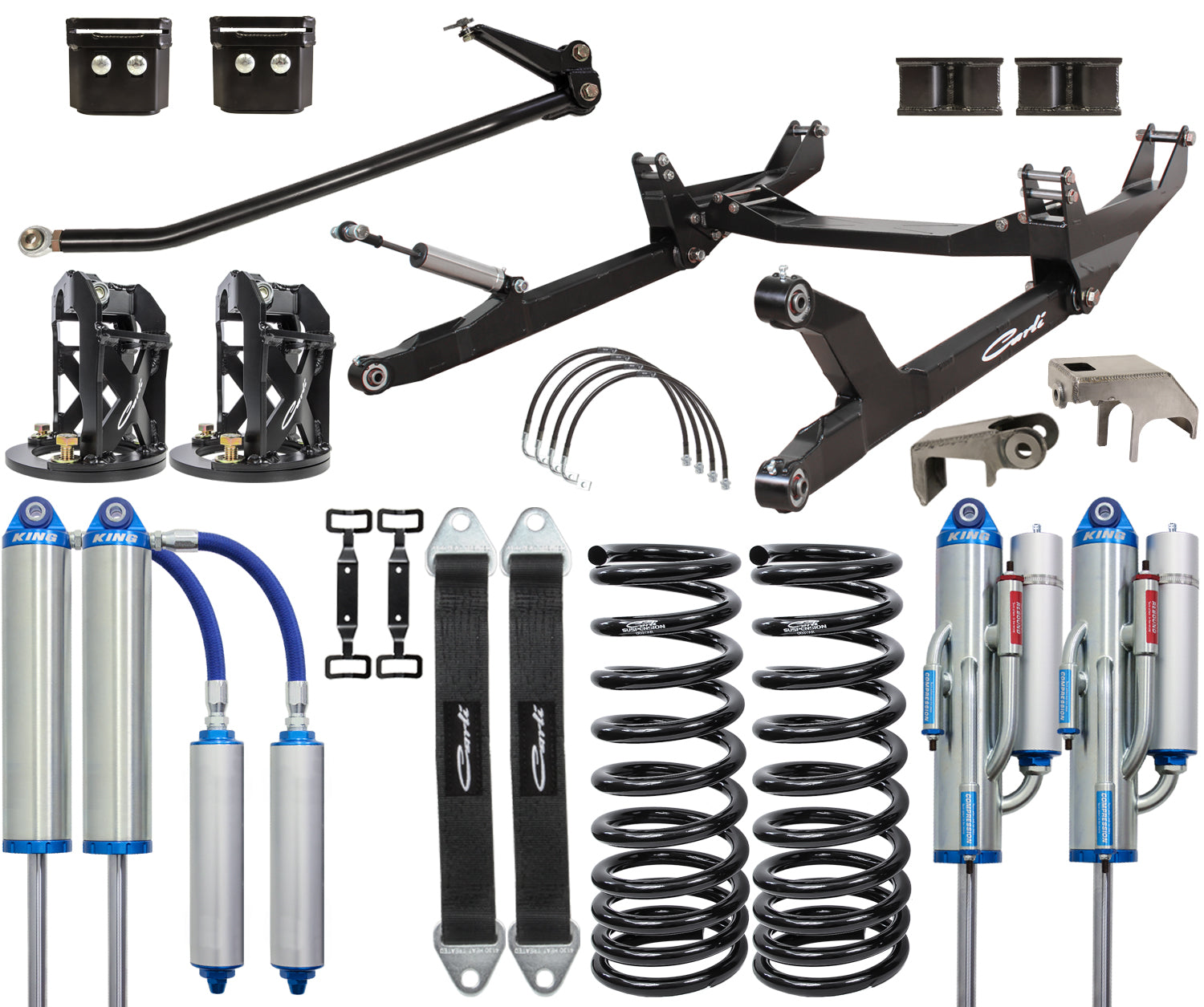 This Carli Suspension 12-13 RAM 2500/3500 (4WD) Diesel SRW 6.0" Unchained System offers a collection of automotive suspension components, including coil springs, shock absorbers, and sway bars for enhanced off-road performance. Crafted primarily with black and metallic parts featuring striking blue accents on a white background, this lift kit is specially designed for the Dodge 6" system.