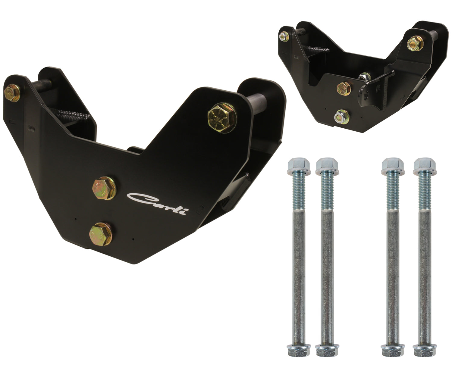 The Carli Suspension 13-23 RAM 2500/3500 Radius Arm Drop Brackets - 3.25" Lift is a black steel suspension lift kit featuring the brand logo, three vertically positioned bolts, and nuts. These components are expertly designed for vehicle lifting and enhancement applications.