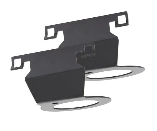 Two Carli Suspension mounts, specifically designed for the 13-23 RAM 2500/3500 (4WD) with a 2.0" front shock reservoir. These black metal brackets feature hook-like elements and circular cutouts with a modern, angular design. Positioned side by side and slightly overlapping, they are perfect for securely mounting or securing objects.