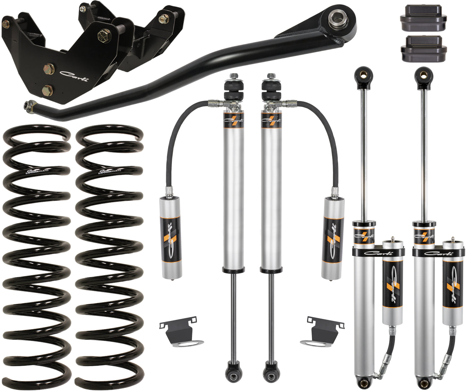 On a white background, the Carli Suspension 13-23 Ram 3500 (4WD) Diesel 3.25" Lift Backcountry System showcases its premium suspension lift kit components, featuring coil springs and shock absorbers with reservoirs specifically designed for the Ram 3500, along with various essential mounting brackets and hardware.