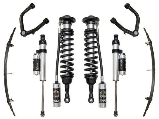 A set of ICON suspension components for the 2007+ Toyota Tundra, featuring corrosion-resistant coil-over shocks and Delta Joint upper control arms, along with leaf springs and shock absorbers from the Stage 6 system, displayed symmetrically on a white background.