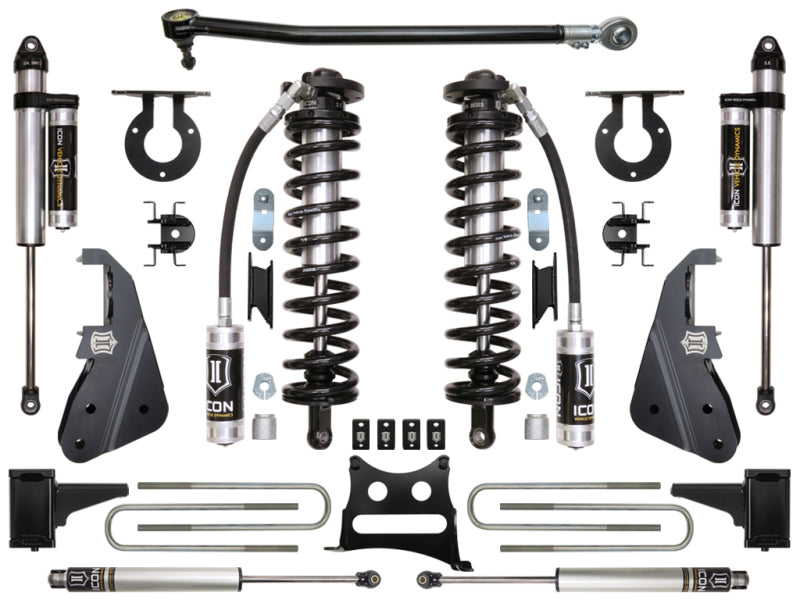 A collection of ICON 2017+ Ford F-250/F-350 4-5.5in Stage 3 Coilover Conversion System parts, featuring coilover conversions and shock absorbers, is neatly arranged on a white background. Each component prominently displays the ICON logo.