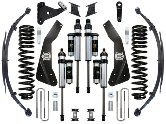 A set of ICON 11-16 Ford F-250/F-350 7in Stage 4 Suspension System components, including shock absorbers, coil springs, leaf springs, brackets, and U-bolts from the brand ICON, arranged neatly on a white background.