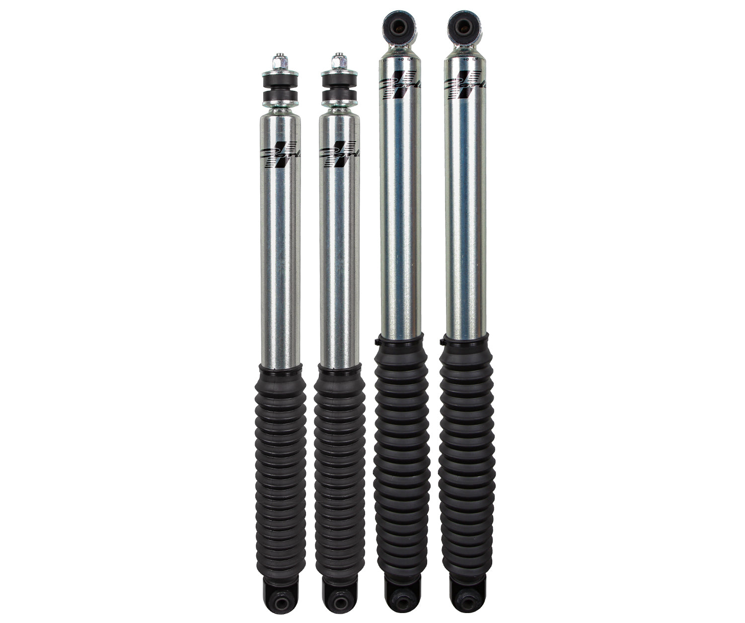 The Carli Suspension 05-23 Ford F-250/F-350 (4WD) CARLI SIG SERIES 2.0" IFP 2.5" LIFT REAR SHOCK SET includes four silver and black shock absorbers designed with metal cylinders and black ribbed protective covers at the base. Each rear shock features mounting components at the top section along with the Carli Signature Shocks logo in black, making them ideal for your Ford F250/F350.