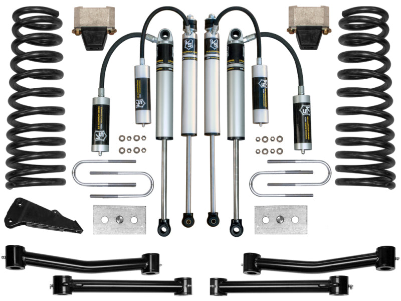 Image of the ICON 09-12 Ram 2500/3500 4.5in Stage 2 Suspension System by ICON, featuring neatly arranged remote reservoir shocks, dual rate coil springs, control arms, U-bolts, and other mounting hardware on a white background.