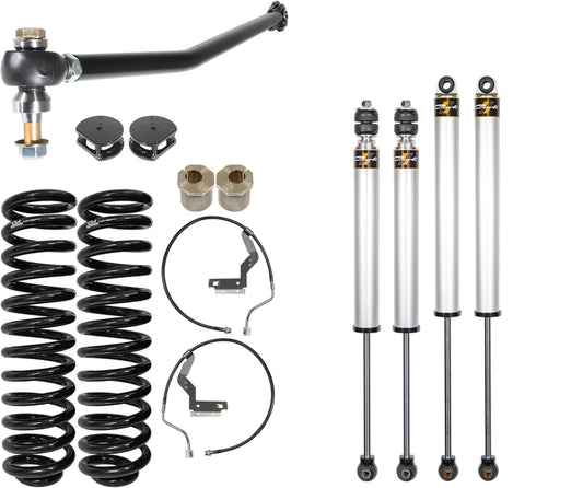 A Carli Suspension 17-22 Ford F-250/F-350 (4WD) Diesel 2.5"/3.5" Lift Commuter System, which includes coil springs, shock absorbers, control arms, nuts, and tubing. The components are displayed in an organized manner with their shiny metallic and black finishes standing out against a white background.