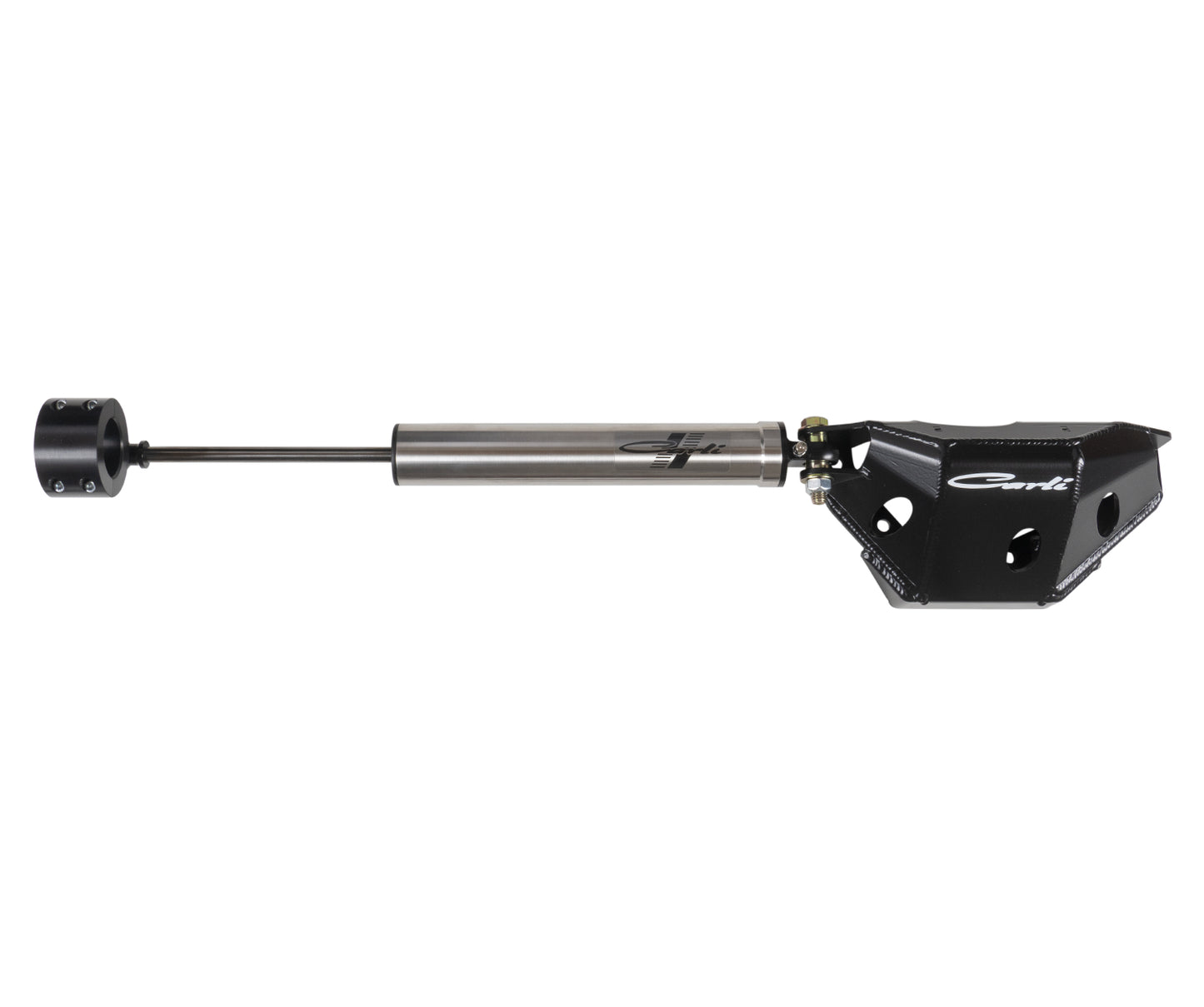 Introducing the Carli Suspension 05-22 Ford F-250/F-350 (4WD) Low Mount Steering Stabilizer Kit with Differential Guard, featuring a black and silver cylindrical design with a sleek, mechanical aesthetic and the distinguished Carli brand logo. This stabilizer kit ensures unparalleled stability on the road, making your ride stand out just as a Ford F250/350 dominates every terrain.