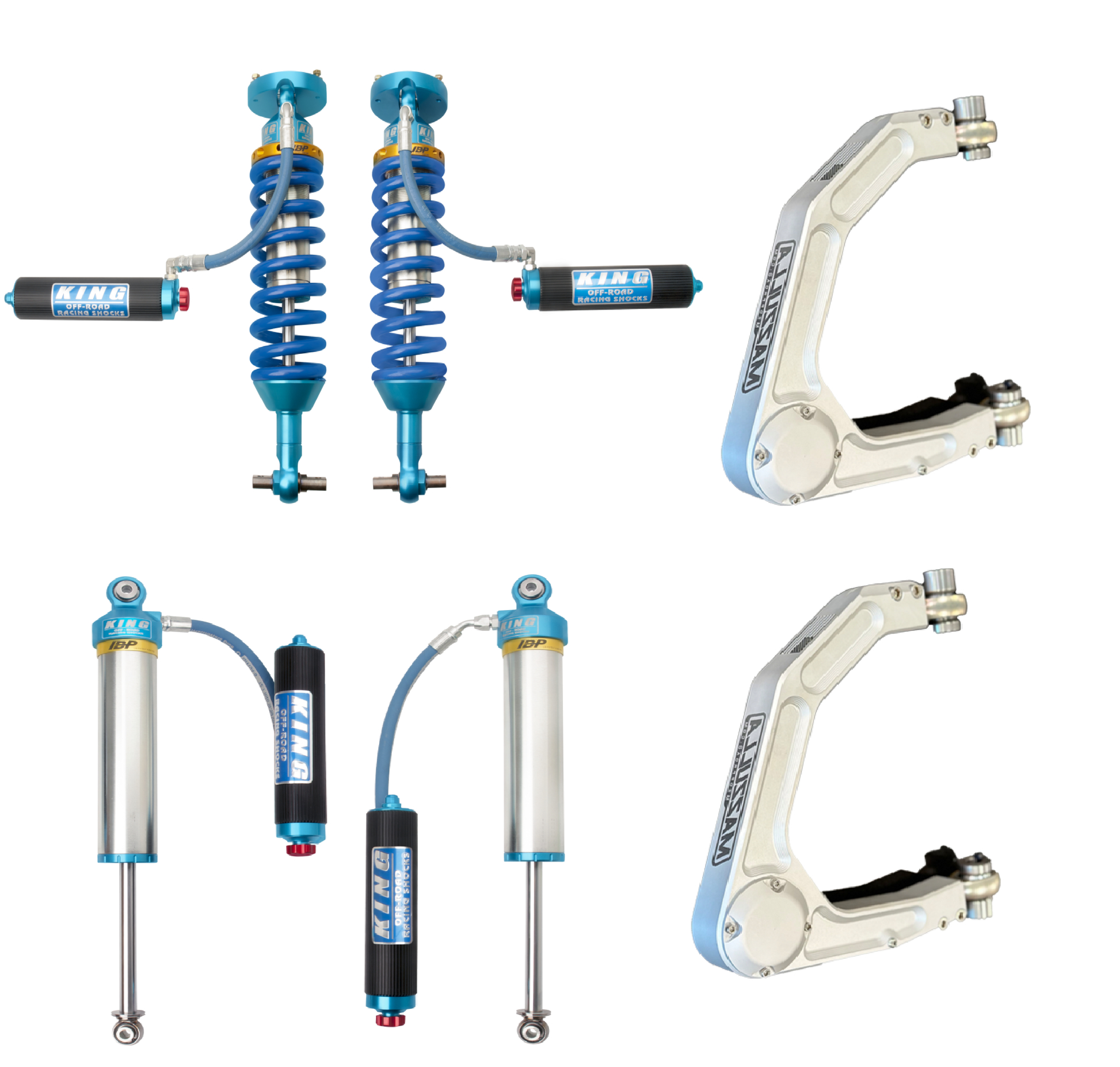 The 19-24 GM 1500 Mazzulla Stage 3 Mid Travel Kit with King 3.0 IBP Shocks by LTW Motorsports features Mazzulla Billet control arms and King shocks in blue and silver, accompanied by coil springs and reservoirs. These high-performance off-road components are neatly displayed against a white background.