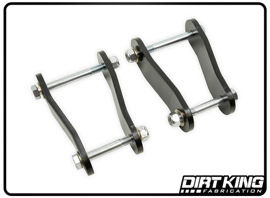 Displayed on a white background are the 07-21 Toyota Tundra 3/4" Lift Shackles, complete with bolts and nuts. These black metal shackles from DIRT KING are easy to install and provide a 3/4" lift. The "Dirt King Fabrication" logo is prominently visible in the bottom right corner.