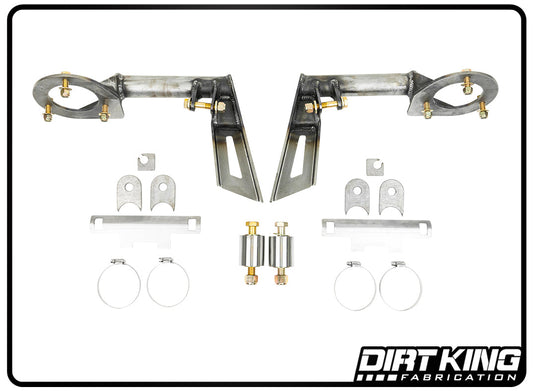 Image of the 07-18 GM 1500 Bypass Shock Hoop Kit by DIRT KING, showcasing an array of metal brackets, clamps, and bolted components meticulously arranged on a white background. This kit features shock hoops designed for optimal durability and performance. Brand logo is displayed in the bottom right corner.