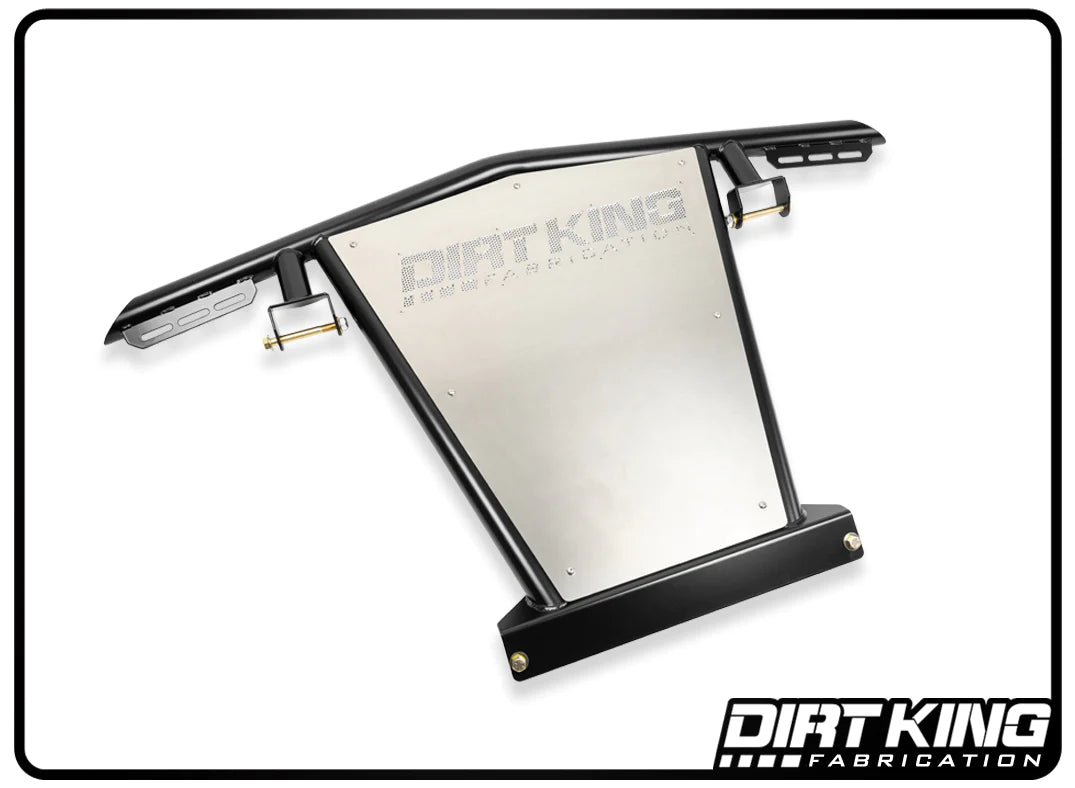 An off-road truck skid plate from Dirt King, designed for the 19-24 GM 1500 Pre Runner Front Bumper, features a durable construction with mounting brackets on either side. Engraved with "Dirt King Fabrication" on the metal surface and framed within a rectangular border, this skid plate prominently displays the "DIRT KING" logo at the bottom right corner.