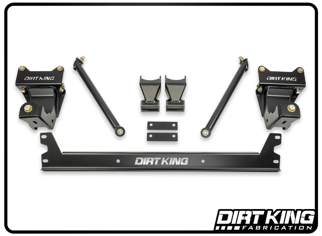 A 05-23 Toyota Tacoma Shackle & Hanger Kit composed of black metal parts is showcased on a white background, designed to boost off-road performance. This heavy-duty kit from DIRT KING features brackets, bars, and additional components. The DIRT KING Fabrication logo is displayed in the bottom right corner, making it an exceptional choice for your Toyota Tacoma.