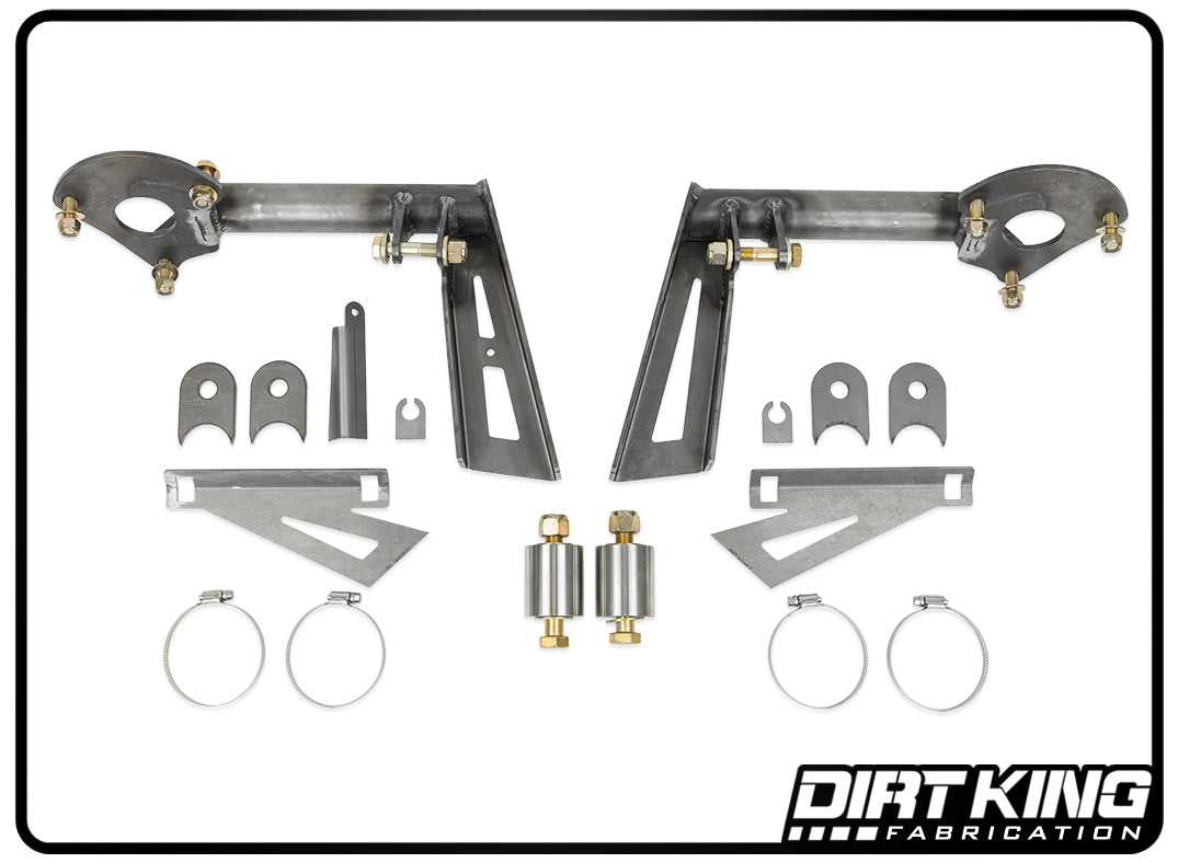 A set of metal fabrication parts specifically designed for vehicle suspension, featuring brackets, clamps, and bolts ideal for the 19-24 GM 1500 Bypass Shock Hoop Kit by DIRT KING, symmetrically arranged on a white background. The "Dirt King Fabrication" logo is located at the bottom right corner.