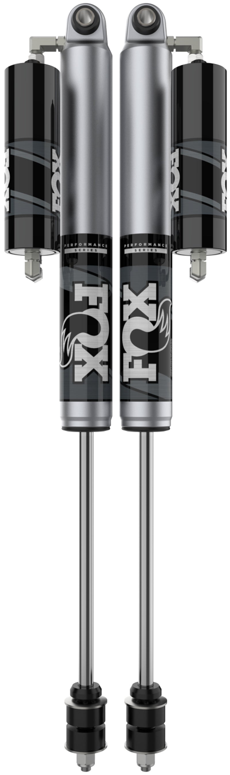 The Fox 2014+ Ram 2500 2.0 Performance Series Smooth Body Remote Reservoir Rear Shocks for a 2.5-3.5 inch lift stand upright, constructed from high-quality materials. They showcase a metallic finish with black and white branding, featuring the "FOX" name and a fox head graphic, highlighting their performance-focused shock valving and robust off-road capabilities.