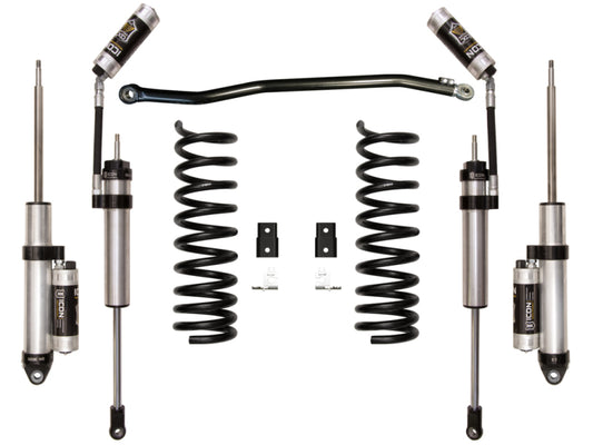 Image of the ICON 19+ Ram 2500 4WD 2.5in Stage 4 Suspension System (Air Ride) by ICON, featuring two shock absorbers, two coil springs, an air ride-specific system for adjusting rear ride height, a sway bar, and mounting brackets all symmetrically arranged on a white background.