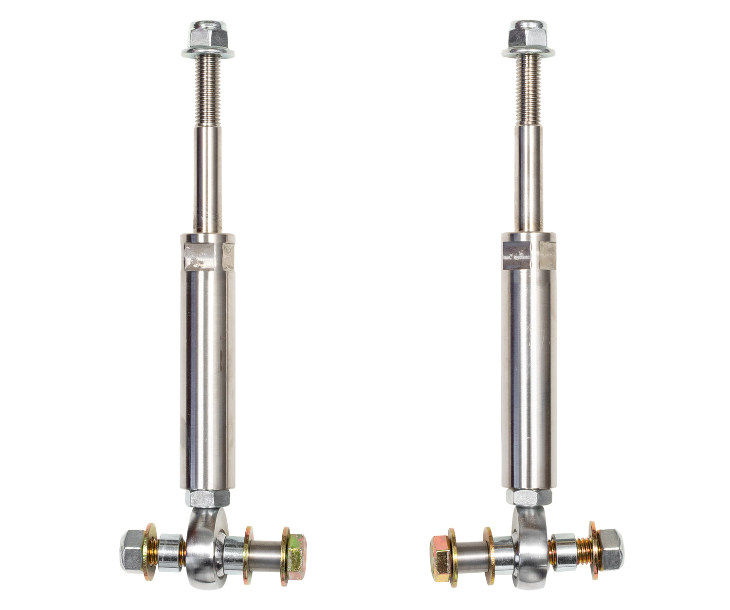 Two Carli Suspension 03-12 Dodge Ram 2500/03-13 3500 (4WD) 12mm Adjustable Stainless End Links/Brackets for a 6" lift are displayed in a vertical orientation against a plain white background. Identical in design, they feature polished metallic surfaces and multiple joint components, perfectly suited for Ram 2500/3500 vehicles.