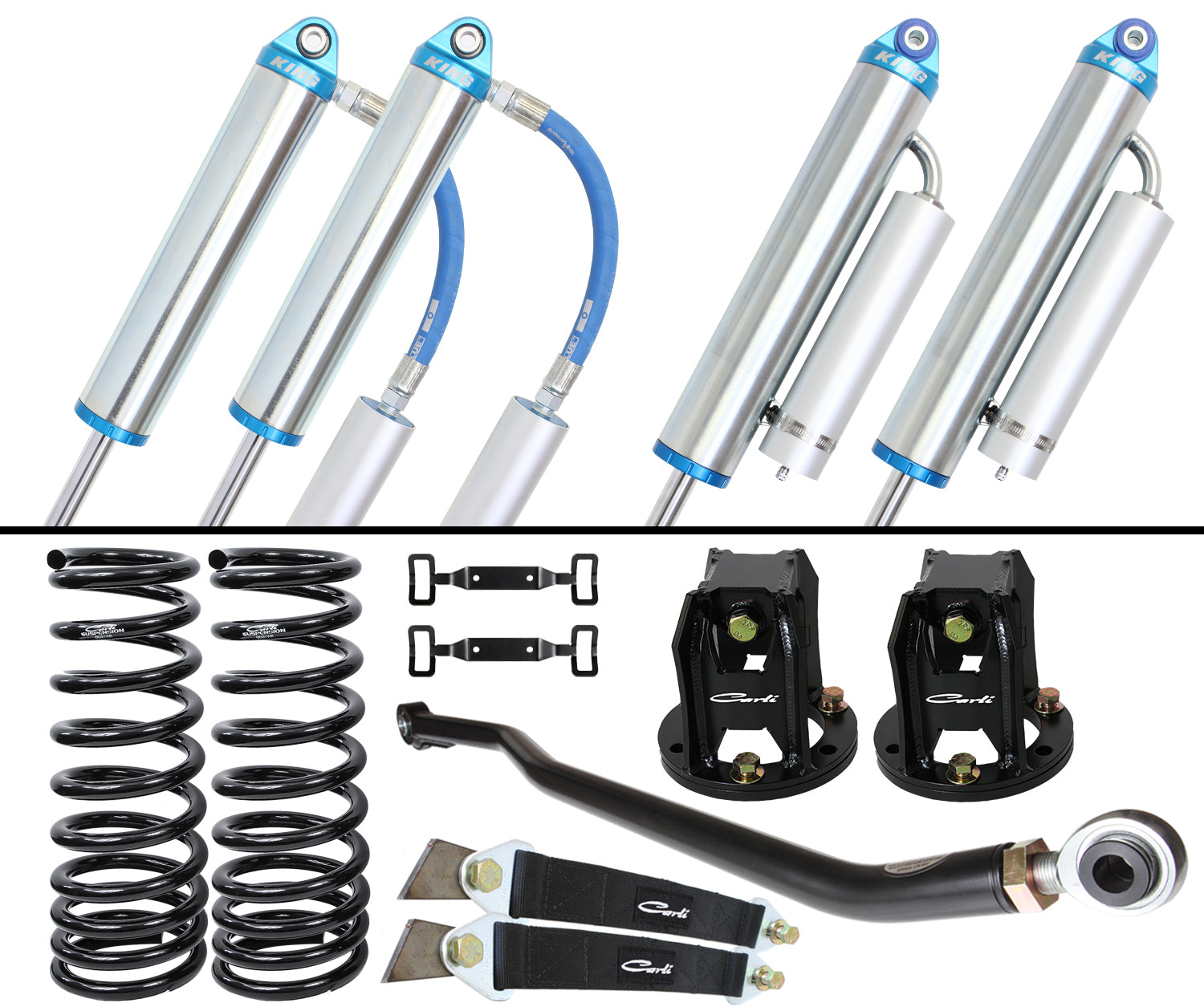 The Carli Suspension's Leveling Dominator 3.0 System for the 03-12 Dodge Ram 2500 and 03-13 Ram 3500 (4WD) is displayed on a white backdrop, showcasing King 3.0 shocks with striking blue accents alongside two substantial black coil springs. This kit includes mounting brackets and linkage parts designed to improve performance.