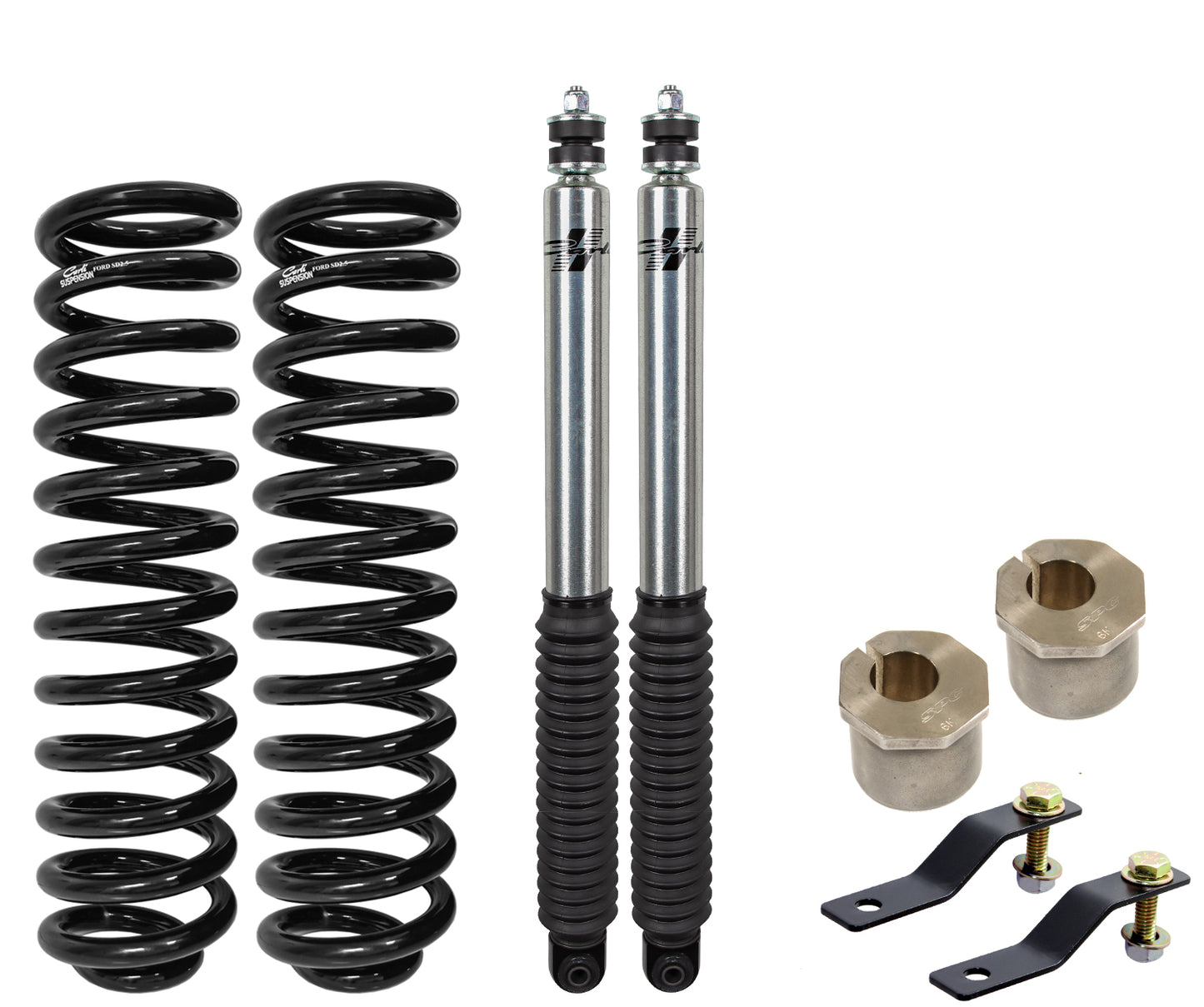 Carli Suspension's 05-16 Ford F-250/F-350 (4WD) Diesel 2.5" Lift Leveling System includes two black coil springs, two silver Carli Signature Series Shocks, and additional mounting hardware, all presented on a white background.