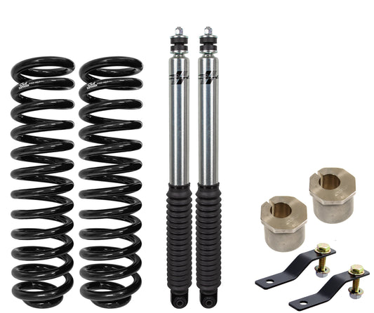 The Carli Suspension 11-16 Ford F-250/F-350 (6.2 - 4WD) GAS 2.0" Lift Leveling System includes components such as two coil springs, Carli Signature Series Shocks, and additional mounting hardware, all showcased on a white background.