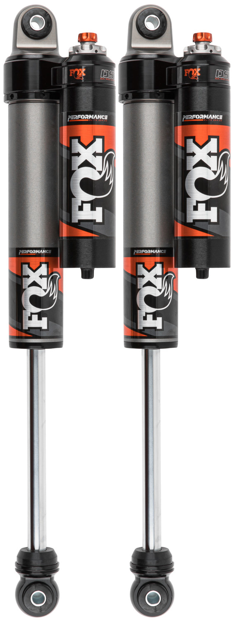 The Fox 2017+ Ford SD 2.5 Perf Elite Series Reservoir Shock Rear (Pair) with DSC Adjustment from FOX showcases a striking black and orange design featuring the iconic FOX logo. These shocks, designed for a 2-3.5 inch lift, are equipped with an aluminum body and additional components for enhanced off-road performance, all encapsulated in a sleek metallic finish.