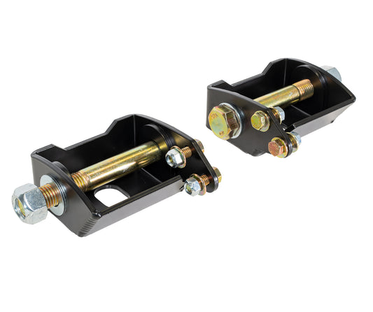 The Carli Suspension 21-23 Ford Bronco (4WD) Rear Lower Shock Mount Skid consists of two black metal brackets with gold-toned bolts and nuts. These sturdy, rectangular-shaped components feature cylindrical rods and adjustable parts, designed for mounting or securing on a Ford Bronco, ideally used as rear shock mounts. They are set against a plain white background.