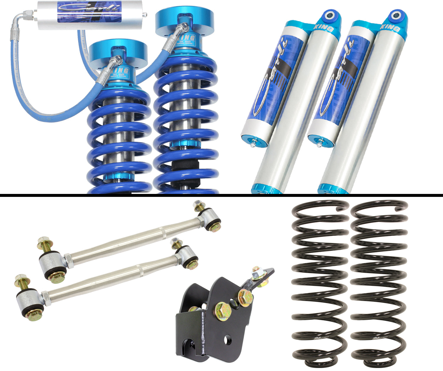 Discover our Carli Suspension 2.5" Leveling Performance System, crafted specifically for off-road adventurers. This kit includes components such as blue coilover shocks and metal sway bar links, making it ideal for your Dodge Ram 1500 lift, all beautifully displayed on a crisp white background.