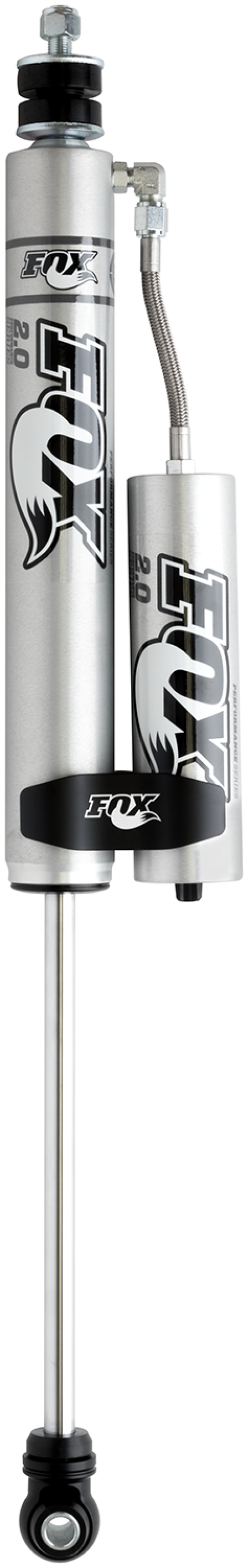 A close-up image of the FOX 05+ Ford SD 2.0 Performance Series 11.1-inch Smooth Body Remote Reservoir Front Shock designed for a 5.5-7 inch lift highlights its metallic, cylindrical structure and bold black-and-white logo. Equipped with advanced performance shock valving and aluminum bodies, this suspension system is engineered for ultimate off-road capability.